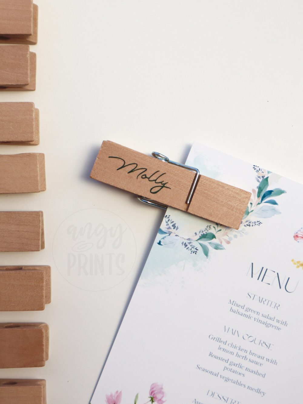 Wooden Clothespin Name Place Card Personalized Dark Green For Dinner Party, Events, Birthdays, Bridal Shower, Wedding, Anniversary