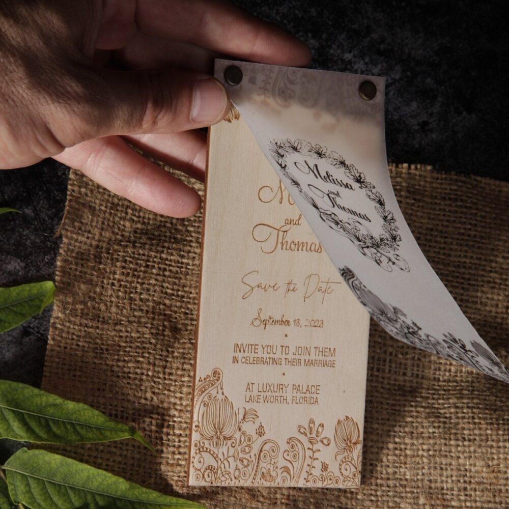 Personalized Wooden Wedding Invitation - Laser Engraved Save The Date Card With Vellum Cover Rustic Kraft Bag Unique Invite