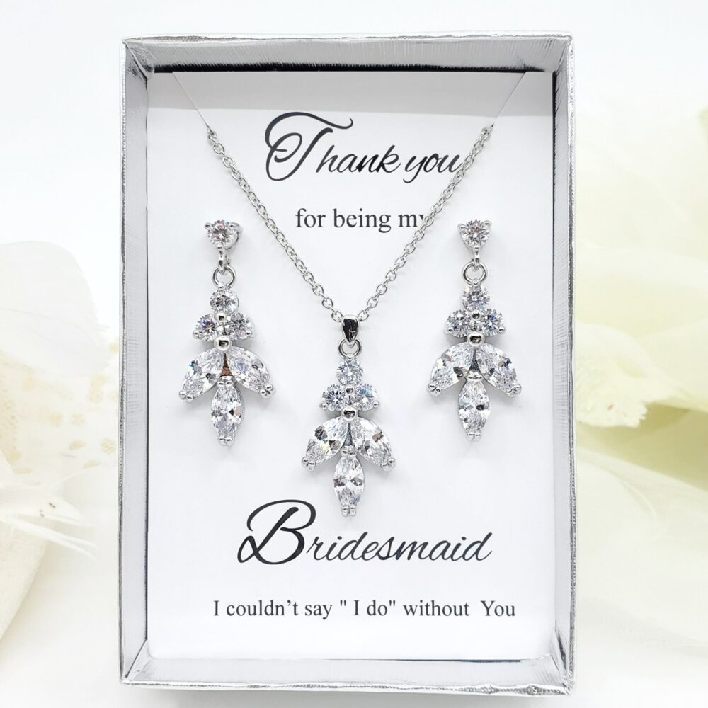 Wedding Leaves Dangle Drop Cubic Zirconia Earrings & Necklace Set, Bridal Bridesmaid Jewelry Set Gift, Gift For Mom Party