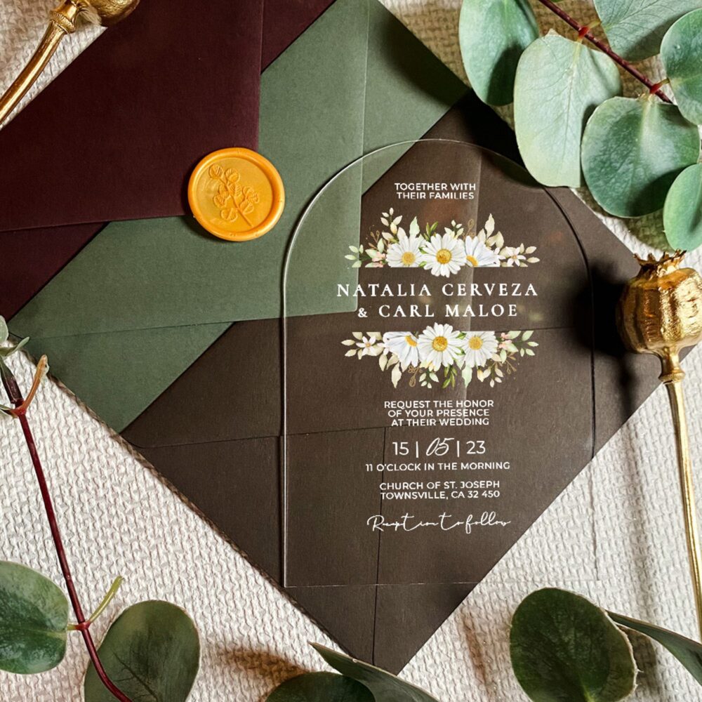 White Flowers Arched Wedding Invitation | Save The Date Card Modern Invite Elegant Botanical Letter Clear Party Invitations