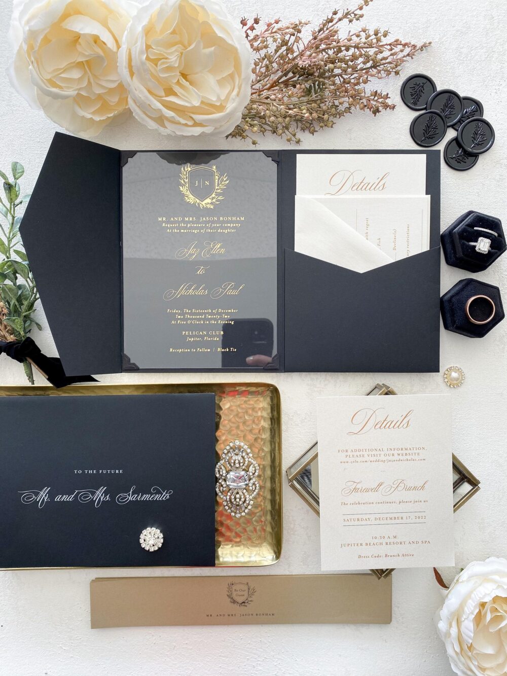 Classic Black Pocket Wedding Invitations - Clear Acrylic | Elegant Invitation Style 401