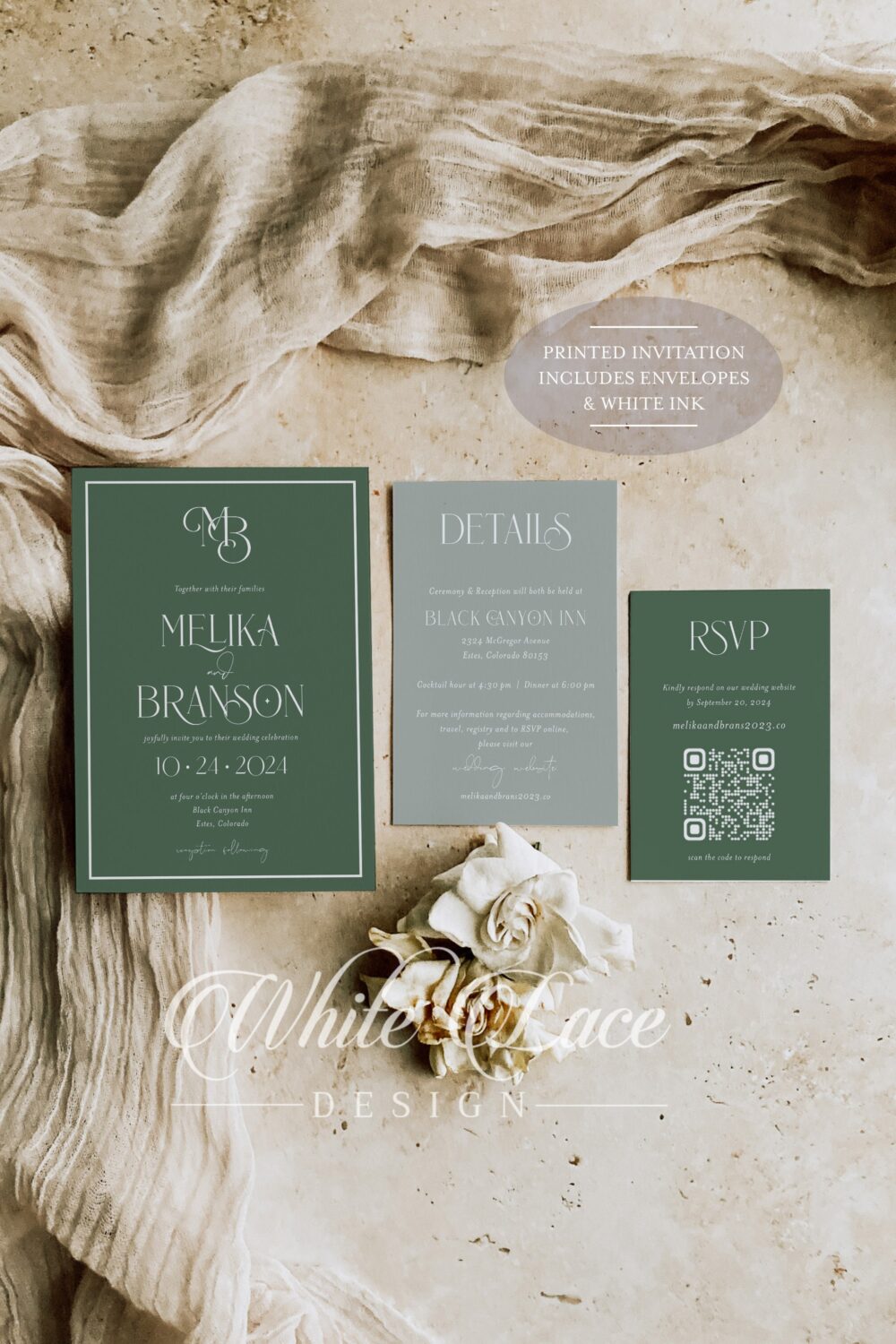 Eucalyptus Green Wedding Invitation Printed With White Ink, Modern Style in Tones Of Sage, Minimalist Wedding, Boho Style, White Lace Design