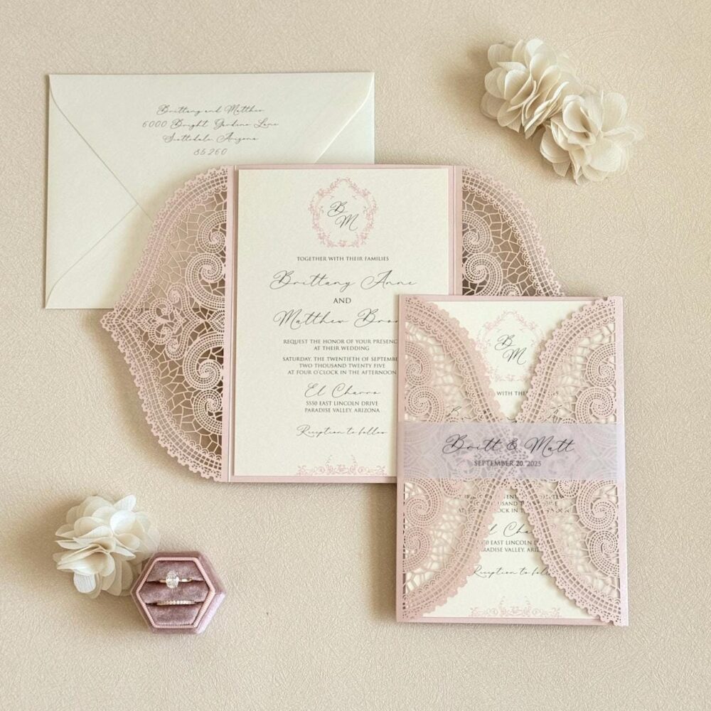 Rose Gold Wedding Invitation Elegant Lace Card Handmade Custom Invite Pink Vintage Glam Stationery Monogram Crest