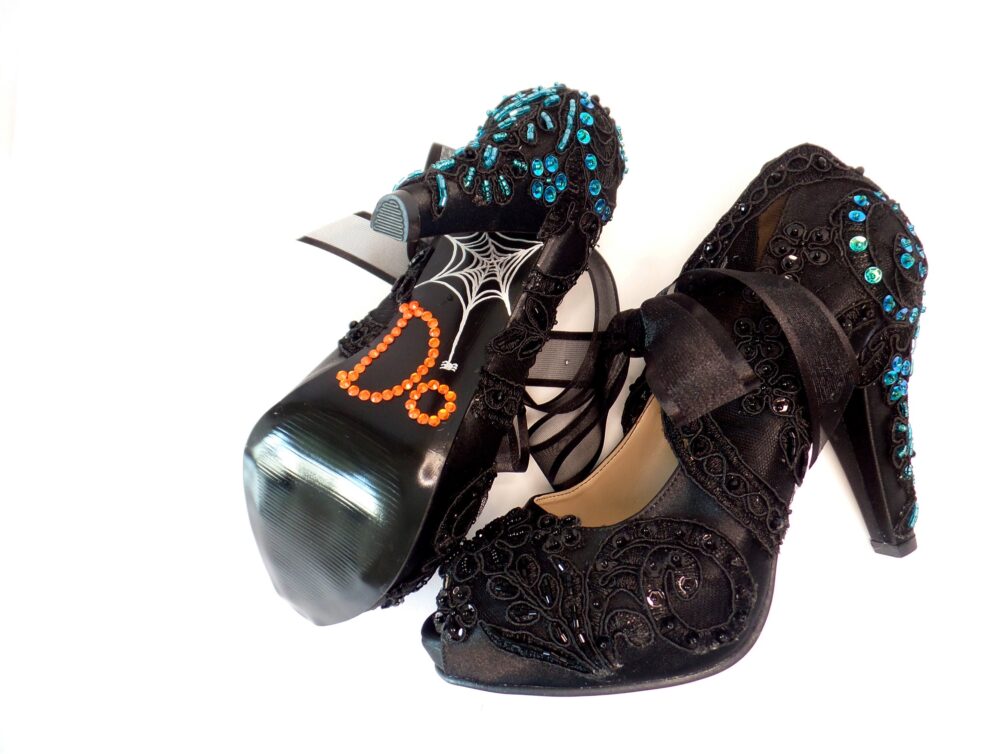 Black Satin & Teal Embellished Lace Wedding Shoes For The Moody Bride