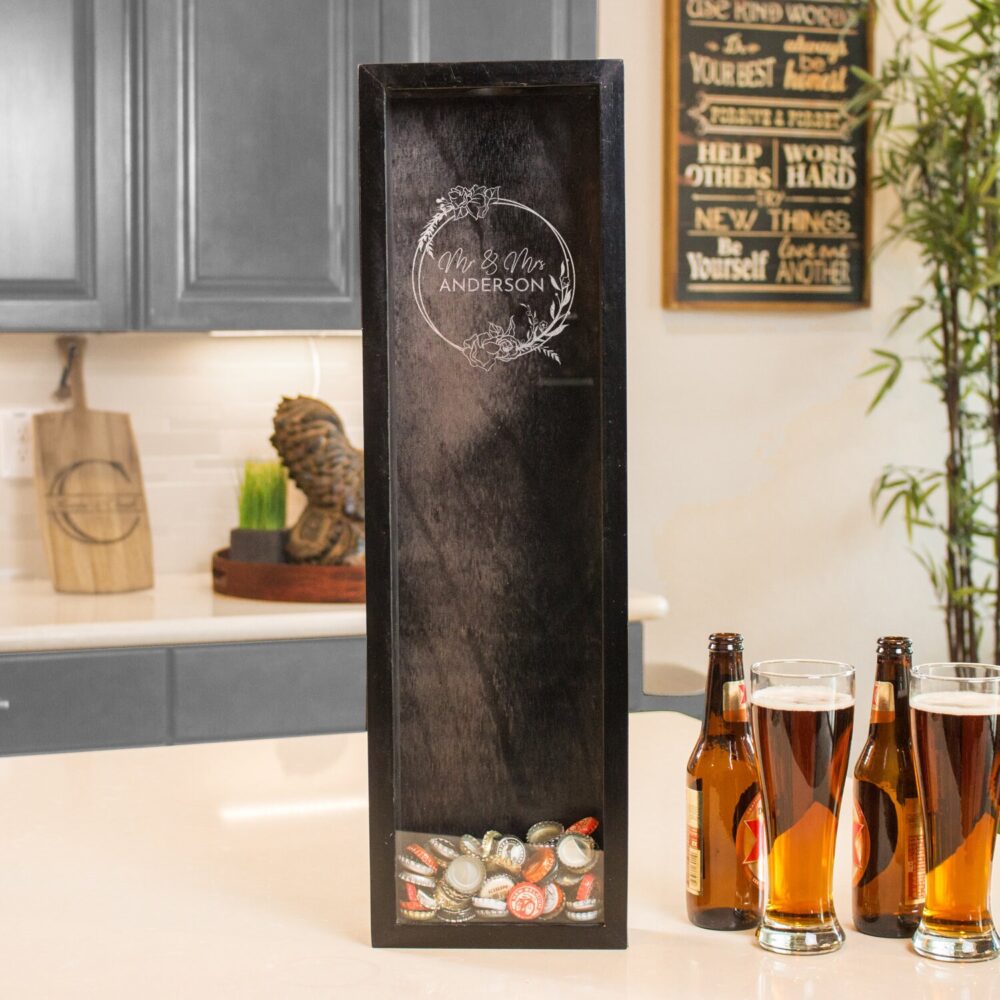 Wine Cork Holder Or Beer Cap Collector - Personalized Wedding Gift, Engraved Engagement Shadow Box, Patio Decor, Design L6