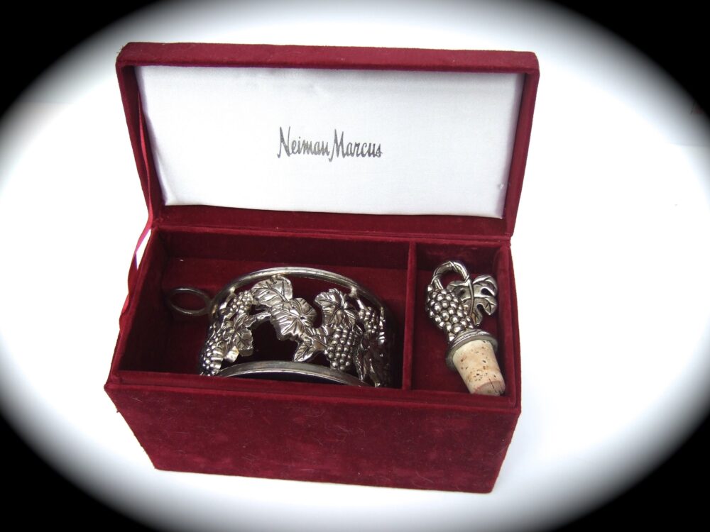 Neiman Marcus Elegant Silver Plated Repousse Wine Cork & Bottle Holder in Neiman Marcus Presentation Box C 1980S