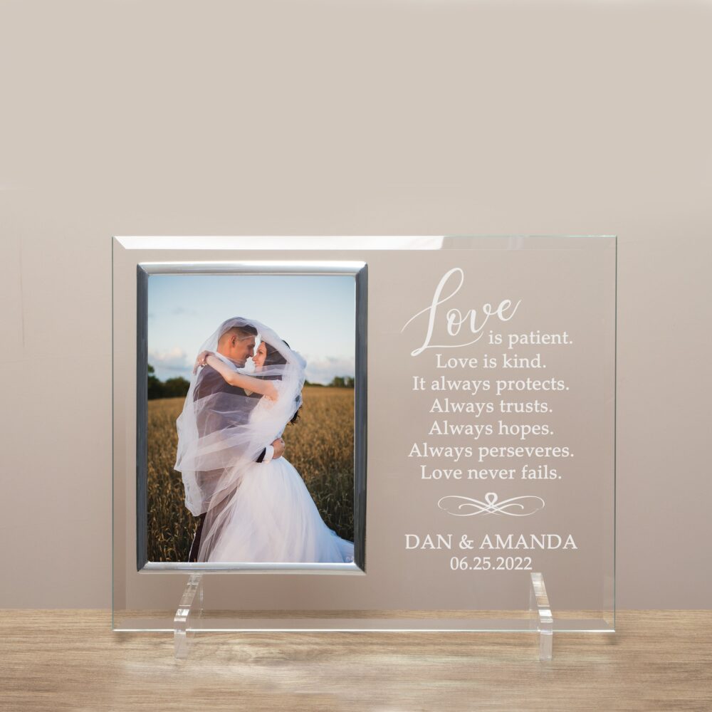 Love Is Patient Picture Frame | 1 Corinthians 134 Wedding Personalized Glass Photo