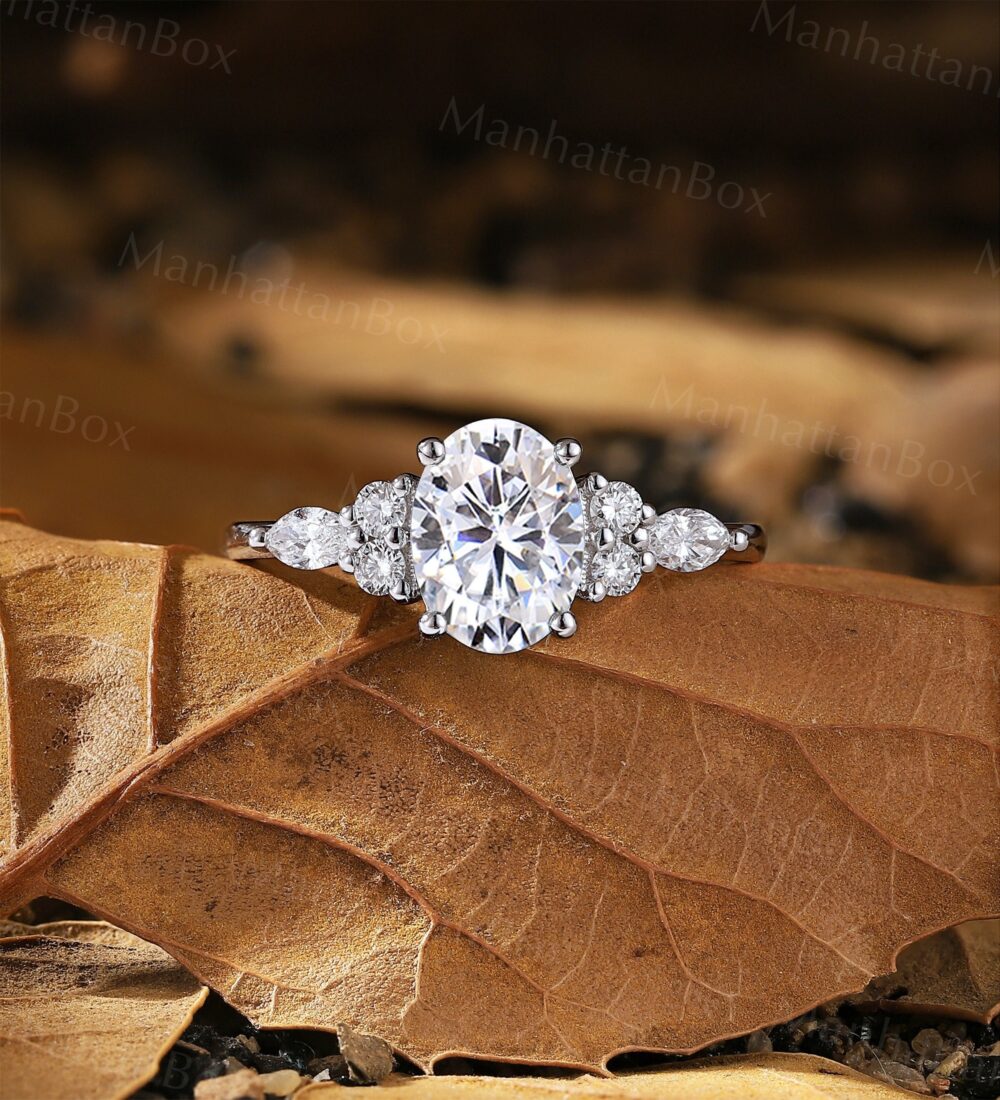 Vintage Engagement Moissanite Ring - Antique Cluster Promise Classic White Gold Diamond Wedding By Manhattanbox