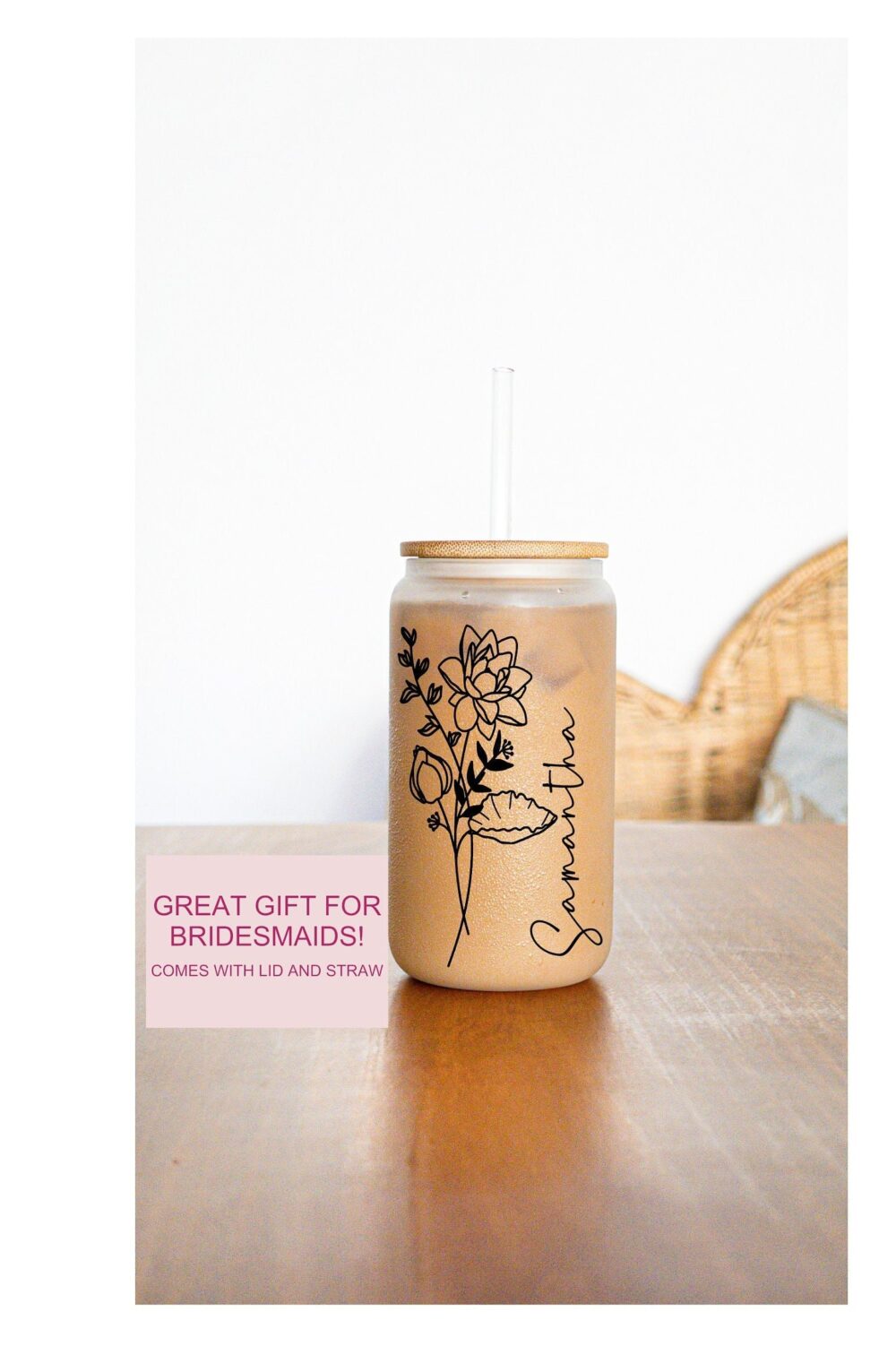 Personalized Tumbler With Name Bridesmaid Gift Custom Iced Coffee Cup Proposal Birth Flower Glass Mom