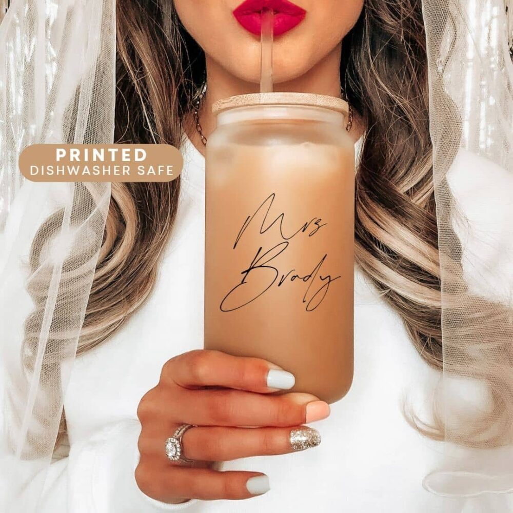 Mrs Last Name Personalized Tumbler For Bride Bachelorette Gifts Boho Wedding 16Oz Beercan Glass W/Bamboo Lid, Minimal