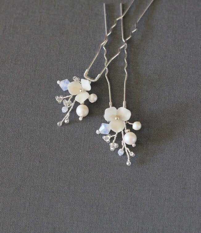 Flower Wedding Hair Pin Set Of Two Pins, Silver & Light Beige Bridal Pin, Vintage Style Headpieces, Pearl Bobby