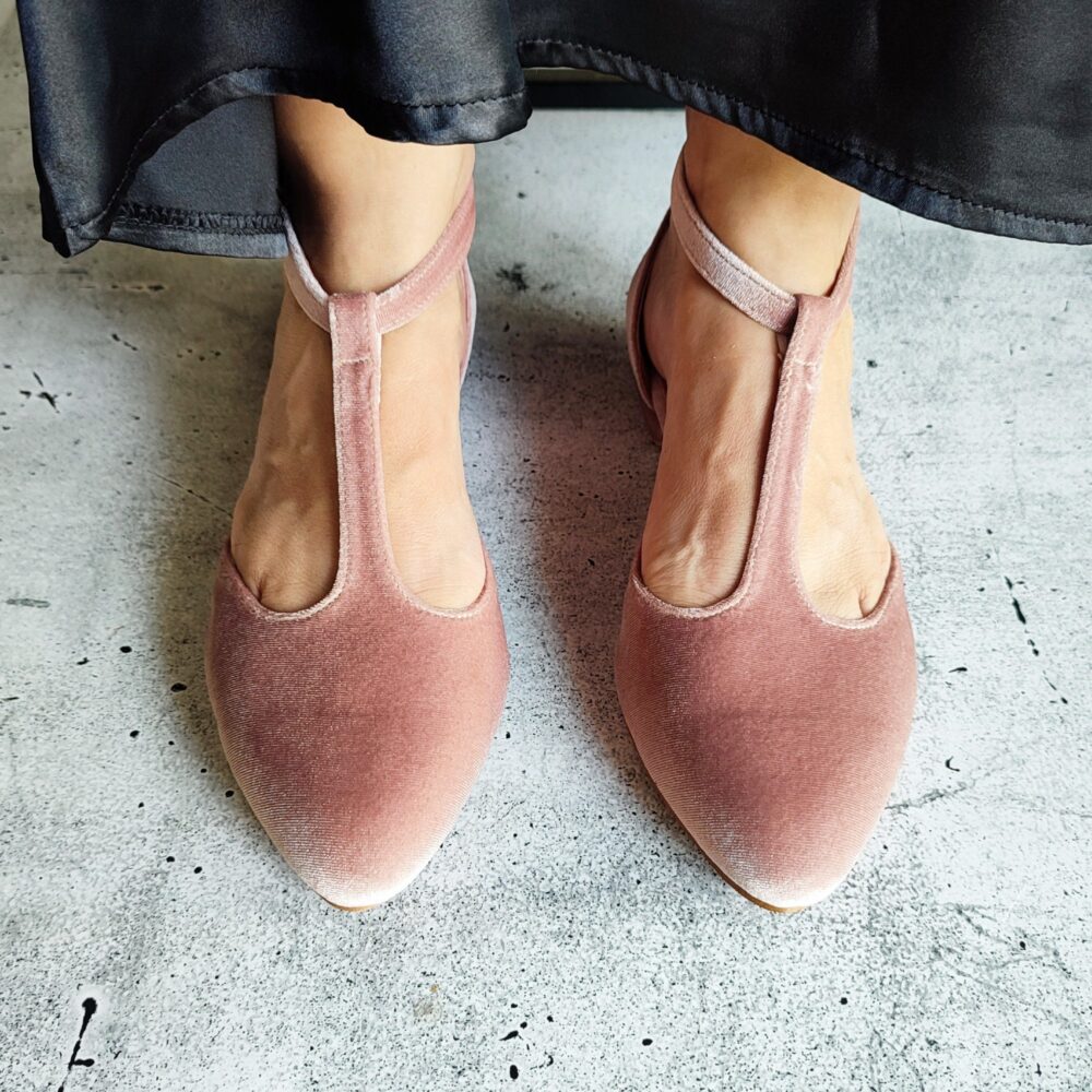 Vintage-Inspired Pink Velvet T-strap Ankle Closure Flats, Wedding Shoes For Brides, Women's Shoes, Elegant Closed-Toe Ballerinas