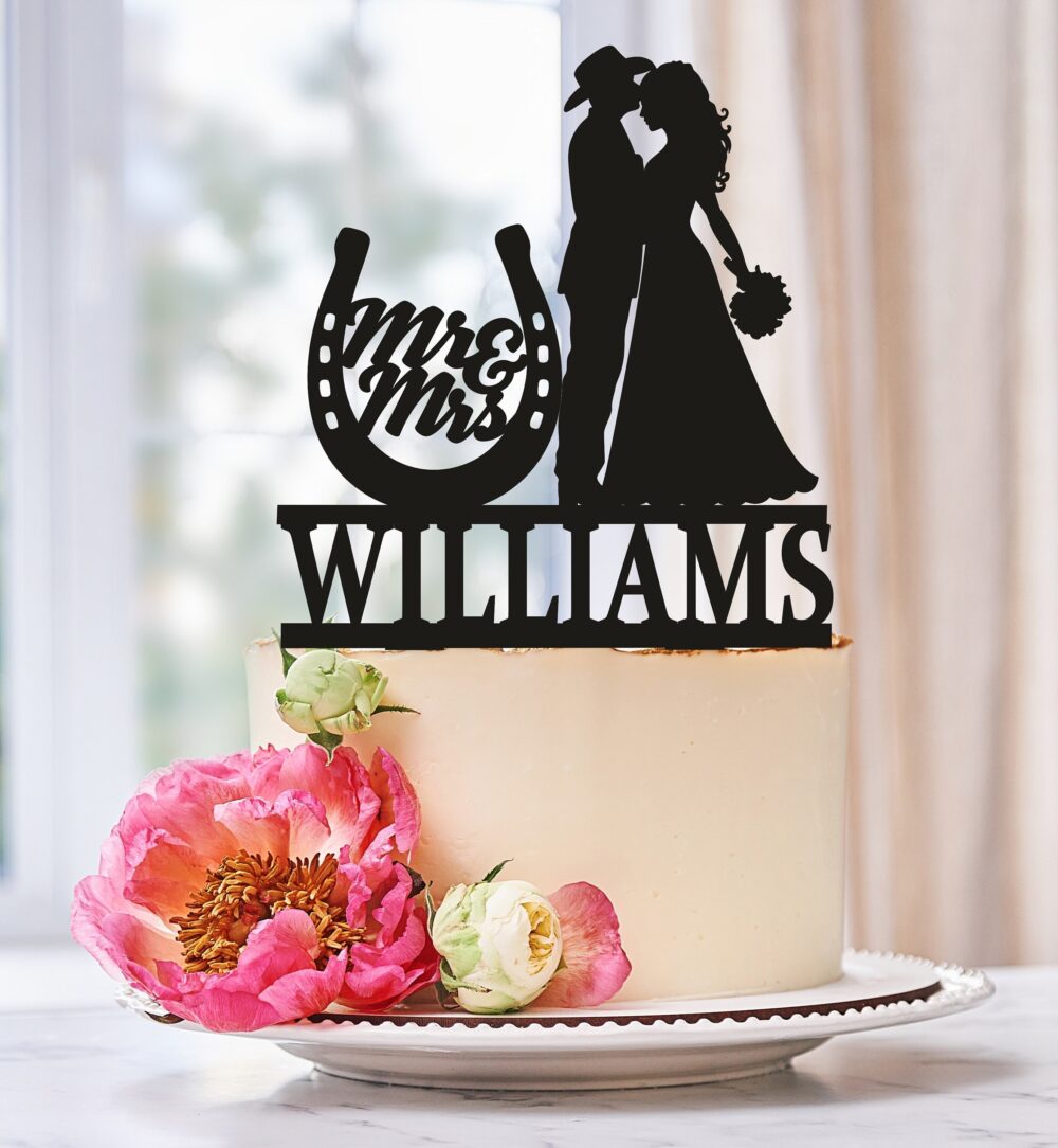 Cowboy Wedding Cake Topper, Personalized Cake Topper, Topper With Horseshoe, Mr & Mrs Custom 0592