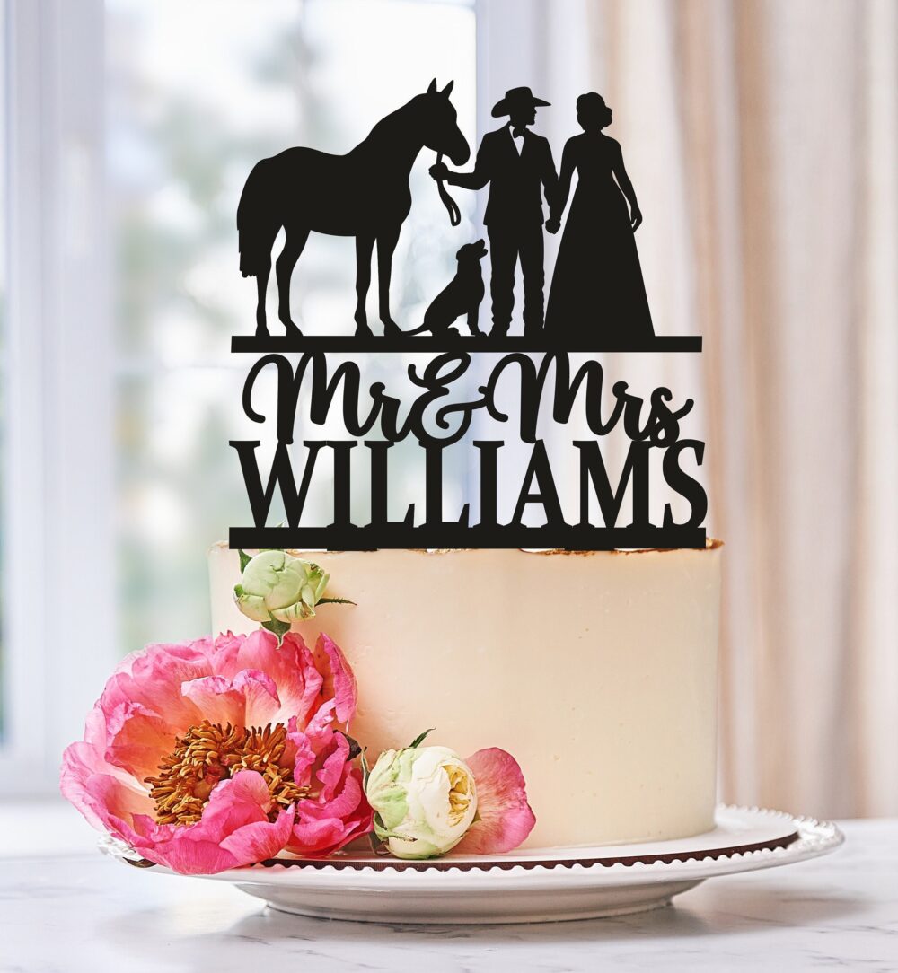Horse Wedding Cake Topper, Cowboy Wedding Cake Topper With Horse, Dogs, Country For 0591
