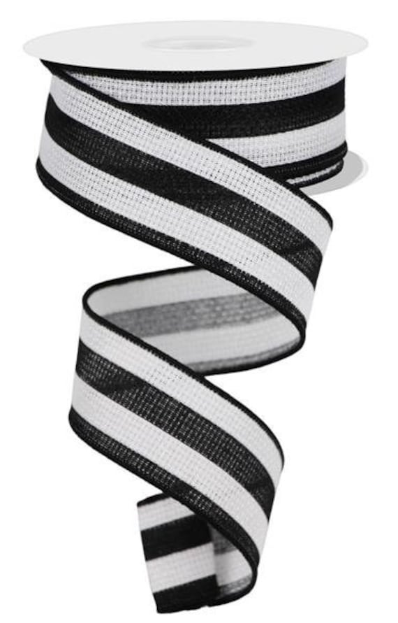 Black With White Vertical Stripes On Wired Cross Burlap Ribbon Finished in A Matching Edge 1.5x10 Yd Rga125827