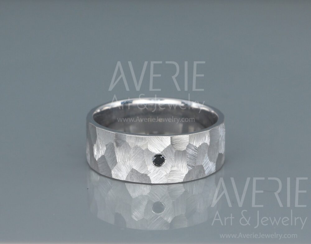 Black Diamond Men Wedding Band | 14K Solid White Gold Man Textured Rough Faceted Hammered Set With