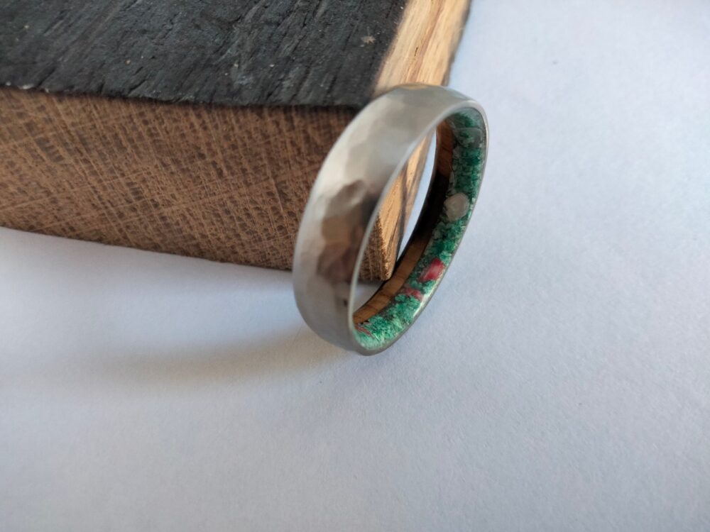 Mens Wedding Band, Gift For Mens Or Womens, Rings Womens Gift, Whiskey Barrel, Coral, Pearl, Turquoise, Titanium Hammered