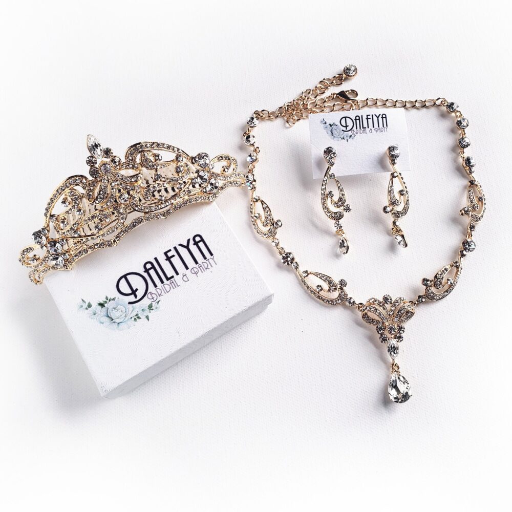 Gold Or Silver Wedding Jewelry Set With Victorian Necklace, Pierced Clipon Chandelier Earrings, & Matching Tiara Hair Comb