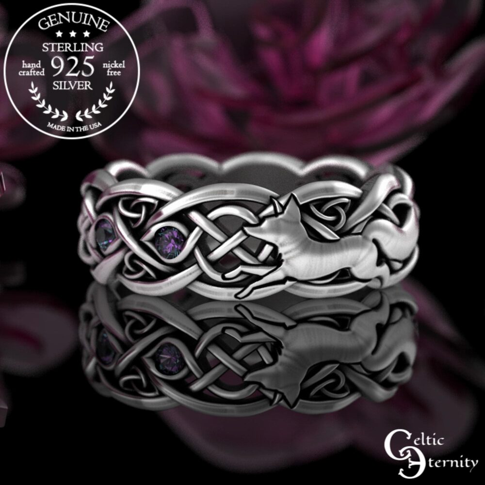 Alexandrite Fox Ring, Sterling Womens Wedding Silver Band, Celtic 3196