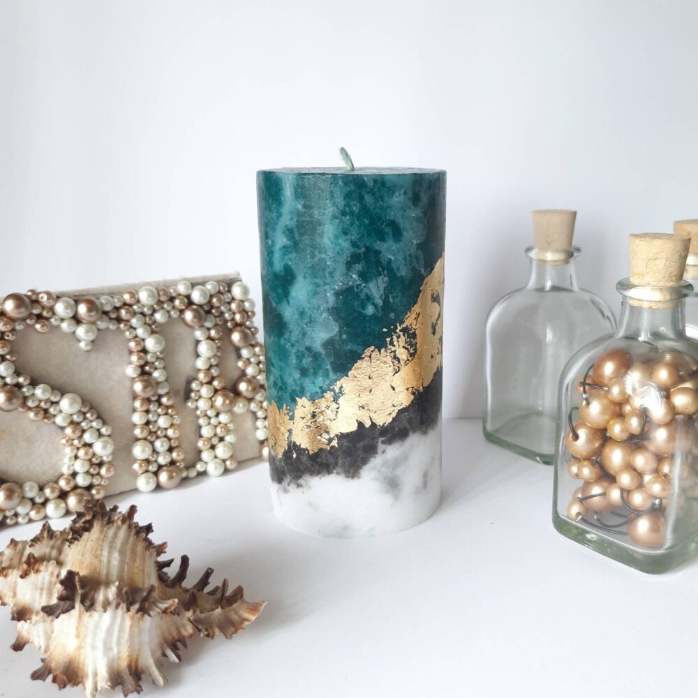 Gold Teal Pillar Candles, Unique Candles For Decor. Turquoise Decorative Candle Gift. Unscented