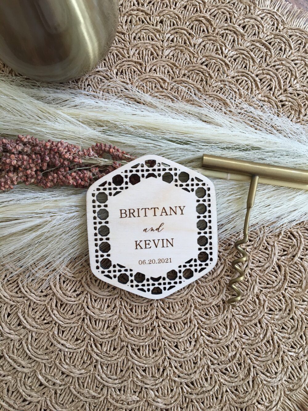 Custom Bulk Rattan Wedding Favors, Personalized Wooden Coasters Set, Monogram Coasters, Boho Party Gift, Bridal Shower Gift