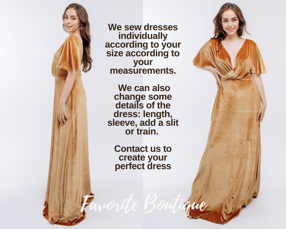 Marigold Velvet Bridesmaid Flutter Sleeves Open Back Dress V-Neck Maxi Gown Custom Tailoring Prom Wedding Plus Size