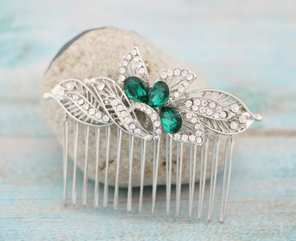 Gold Floral Hair Comb Wedding Hair Piece With Blue Drop Earrings Comb Green Bridal Navy Blue