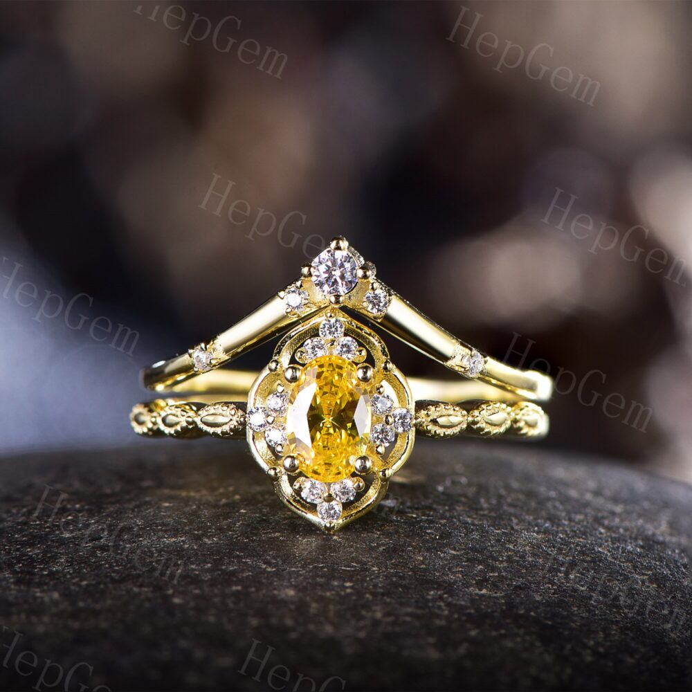 Antique Art Deco Citrine Engagement Ring Set Yellow Gold Statement Half Eternity Band Marquise Birthstone Wedding Gift For Women