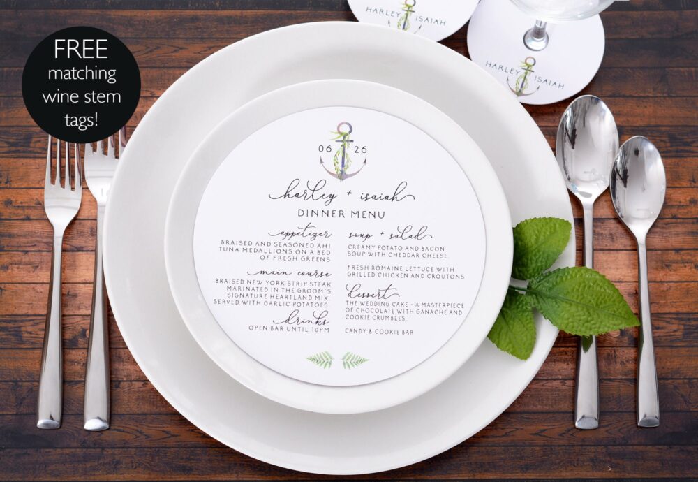 Round Wedding Menus - Nautical Plate Free Matching Wine Stem Tags 6.5" Menu Dinner #wdim-299