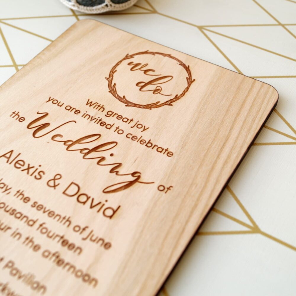Wooden Wedding Invitation, Rustic Invites, Real Wood Invitations, Laser Engraved Your Choice Of Wood, Set 10