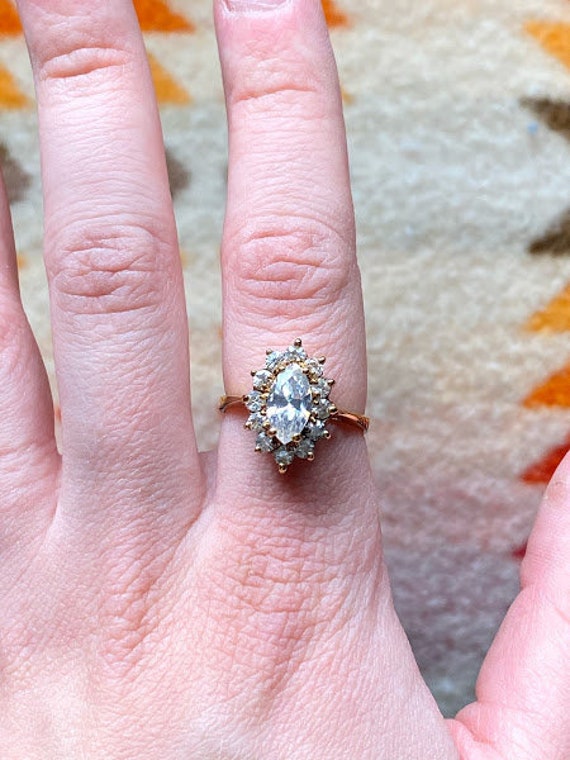 Sterling & Cz Marquise Cluster Ring, Silver with Gold Wash, Clear Stones, Vintage, Affordable Engagement/Promise Ring For Women