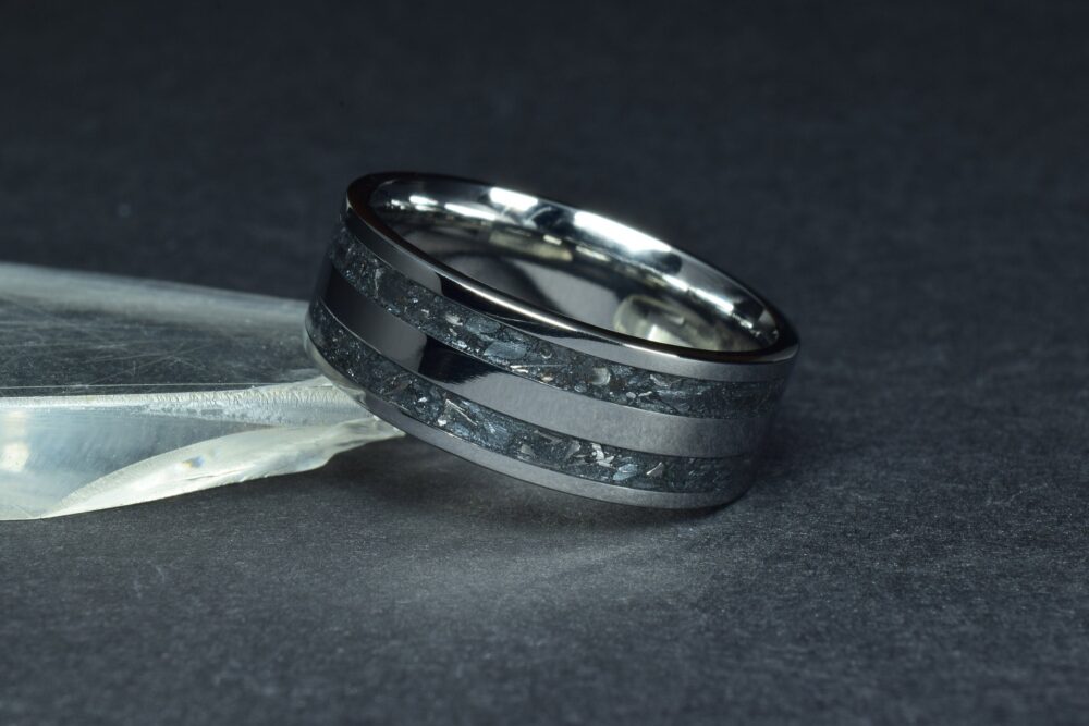 Wedding Ring, Medical Grade Stainless Steel Band With Gibeon Meteorite & Antimonite Inlay - Engraving Optional