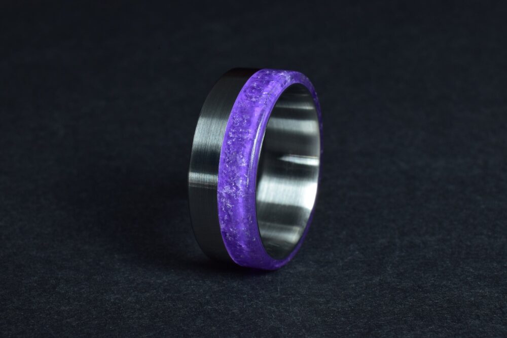 Wedding Ring, Medical Grade Stainless Steel Band With Half-Side Amethyst Inlay - Engraving Optional