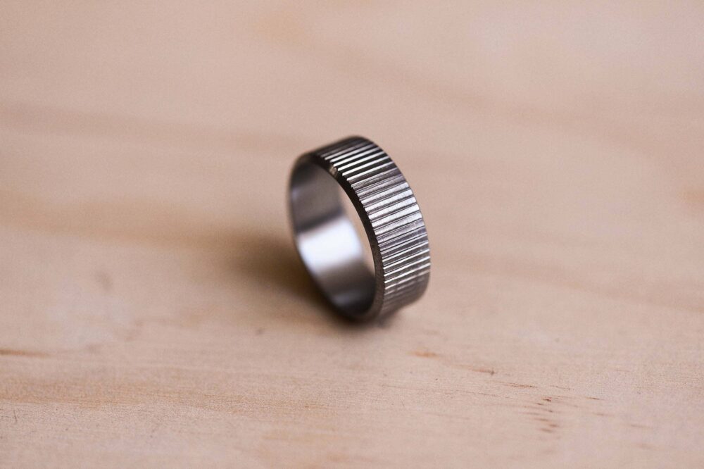 Straight Line Knurled Marine Grade 316 Stainless Steel Ring With A Brushed Finish, Wedding Band
