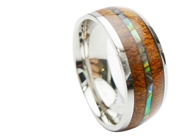 Hawaiian Design Jewelry Abalone Shell & Koa Wood Stainless Steel Wedding Band Ring 8mm