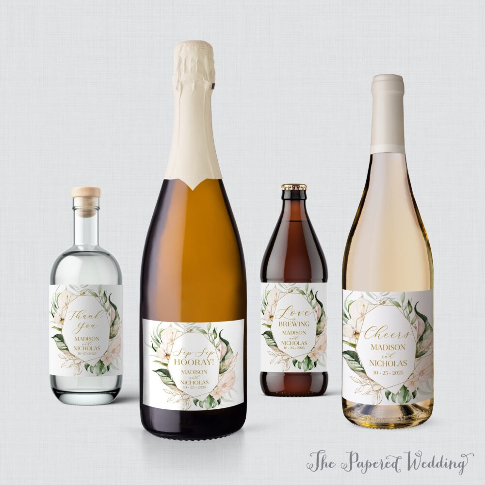 Printed Tropical Wedding Wine Bottle Labels - Hawaiian Palm Leaf & Floral Wine, Champagne, Liquor, Or Beer Favor Labels, Beach 0063