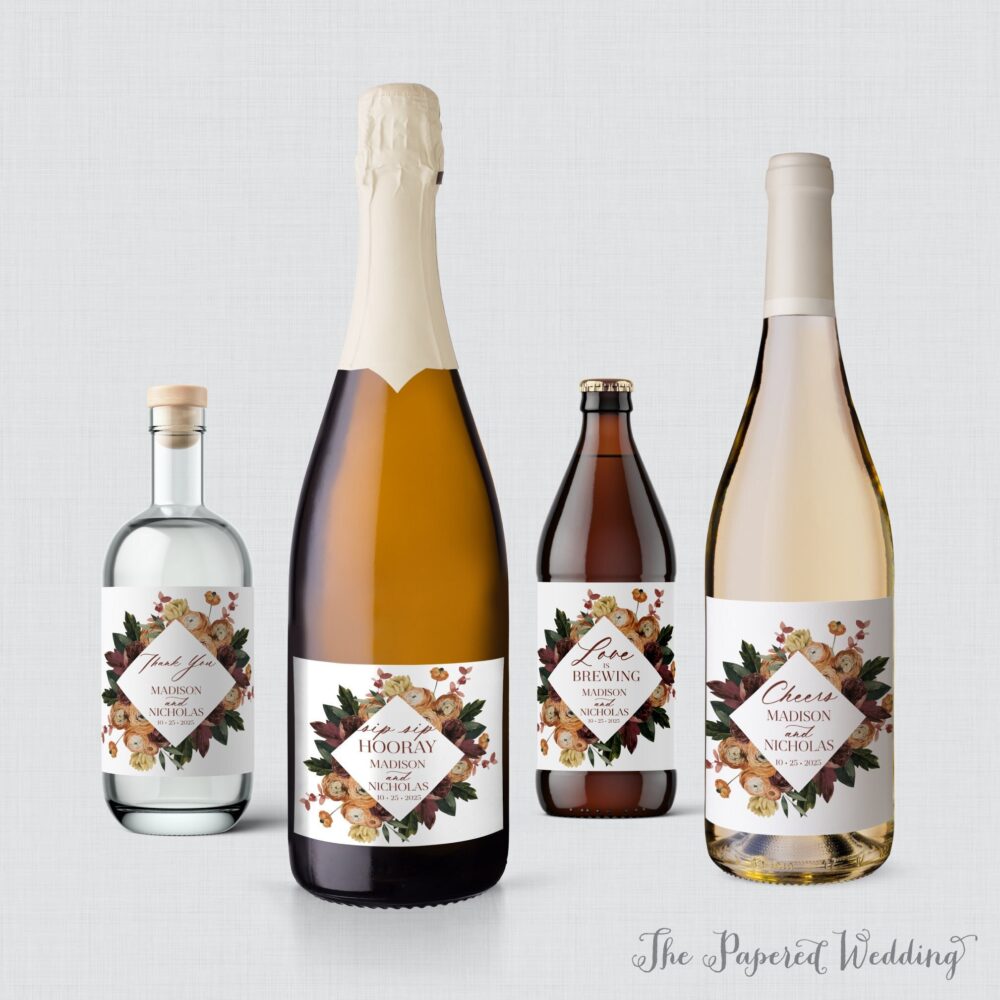 Printed Autumn Flower Wedding Wine Bottle Labels - Burgundy, Orange, Cream Floral Wine, Champagne, Liquor, Beer Favor Hsl13