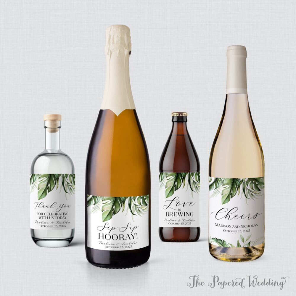 Printed Tropical Wedding Wine Bottle Labels - Palm Leaf Wine, Champagne, Liquor, Or Beer Favor Hawaiian 0062
