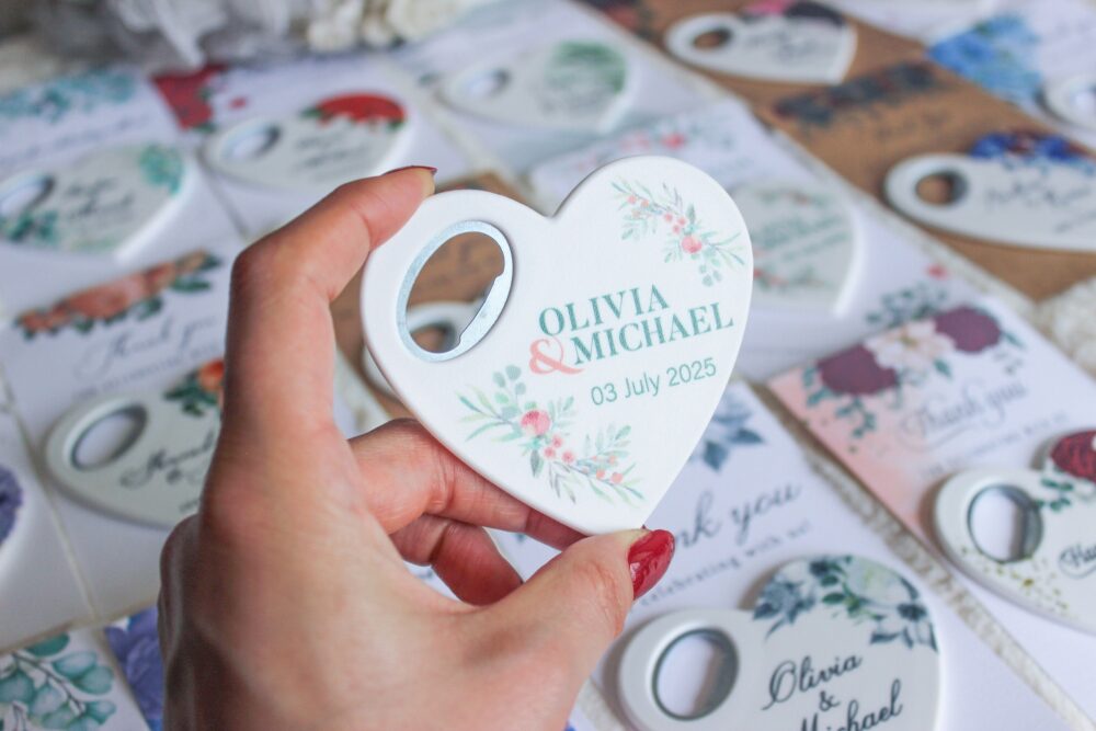 Customized Green & Orange Floral Wedding Favor Bottle Opener - Personalized Gift For Guests