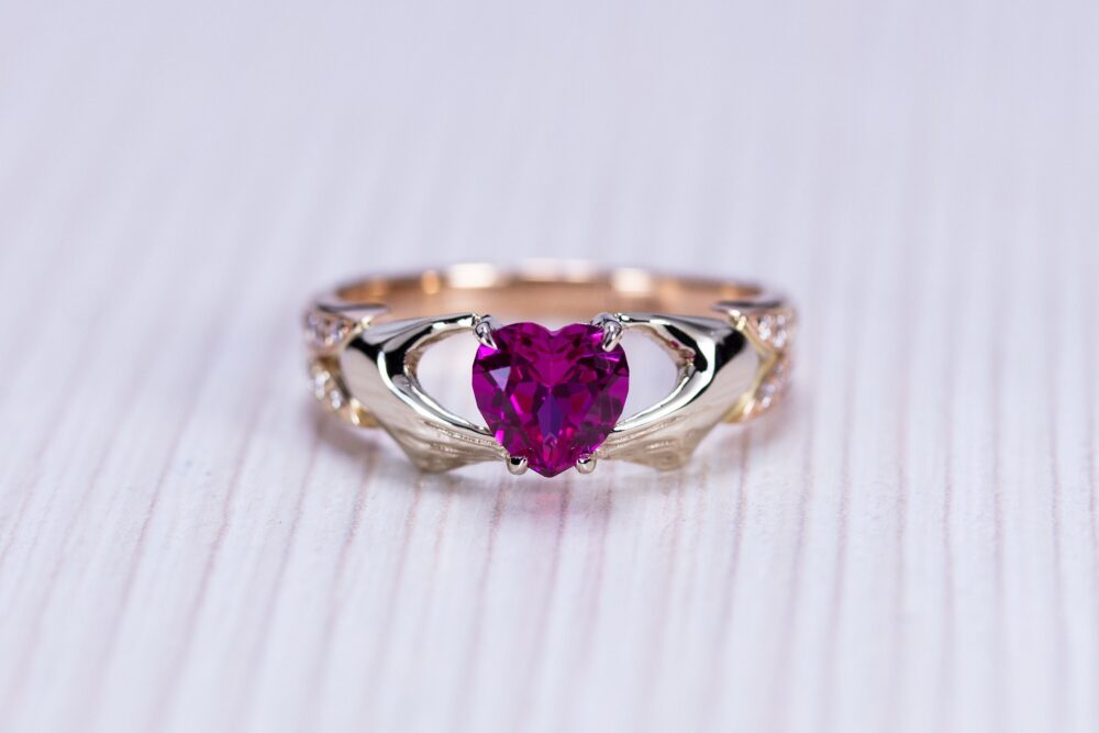 14K Gold Ruby & Diamond Claddagh Wedding Ring - Luxury Celtic Bridal Band | Solid Engagement Ring