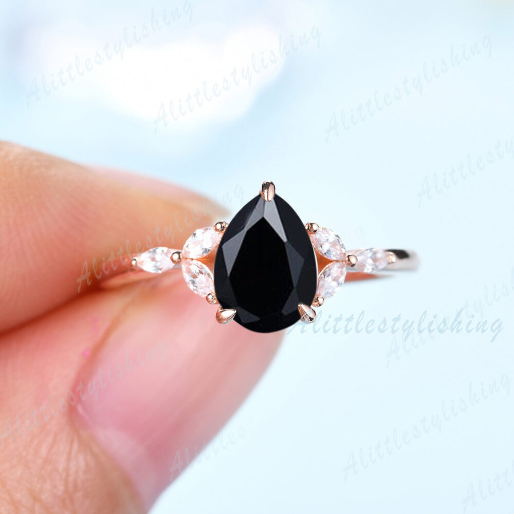 Vintage Black Onyx Engagement Ring Rose Gold Pear Shape Dainty Wedding Bridal Art Deco Promise Woman Anniversary Gift Jewelry
