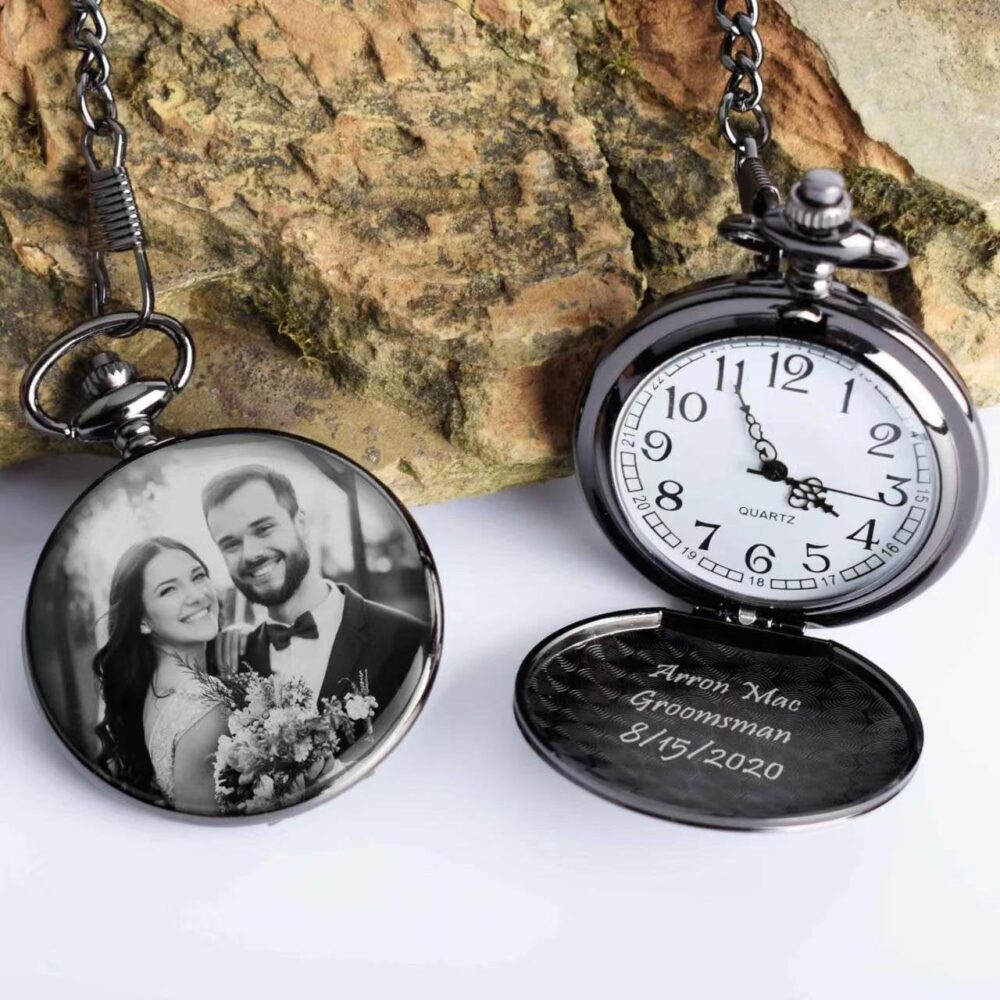 Pocket Watch Engraved With Photo Or Handwriting, Personalized Custom Gift Groom Wedding For Groomsman