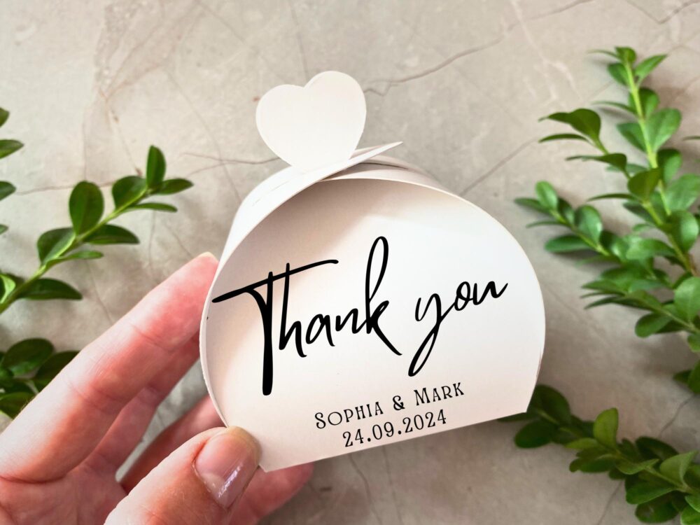 Wedding Favor Boxes With Hearts | Custom Names Welcome Boxes For Guests, Small White With Text, Screen Printing, Candy