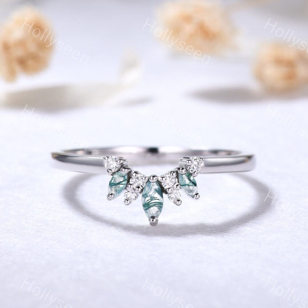 Moss Agate Wedding Band Moissanite Ring White Gold Engagement Stacking Curved Sterling Silver Dainty