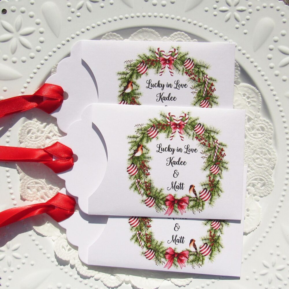 Winter Wedding Guest Favors With An Elegant Holiday Flare. Personalized For The Bride & Groom, Slide A Lotto Ticket in Fun Favors