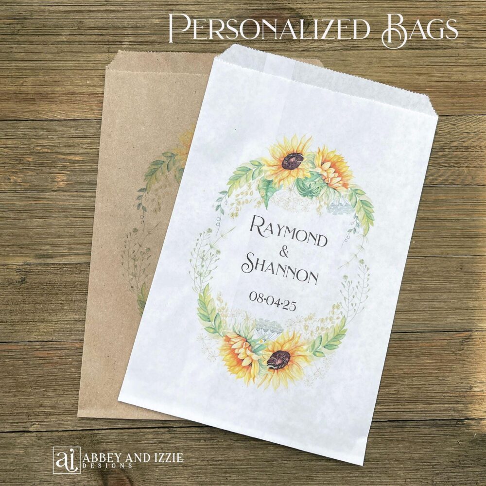 Sunflower Wedding Favor Bags, Personalized For The Bride & Groom. Wedding Candy Bags Perfect Size Cookies, Popcorn Or A Buffet