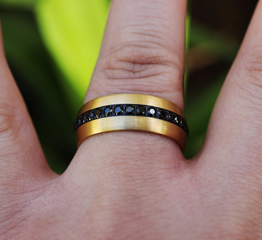 Black Diamond Wedding Band, Ring, Yellow Gold Engagement Men's Band, Domed Ring
