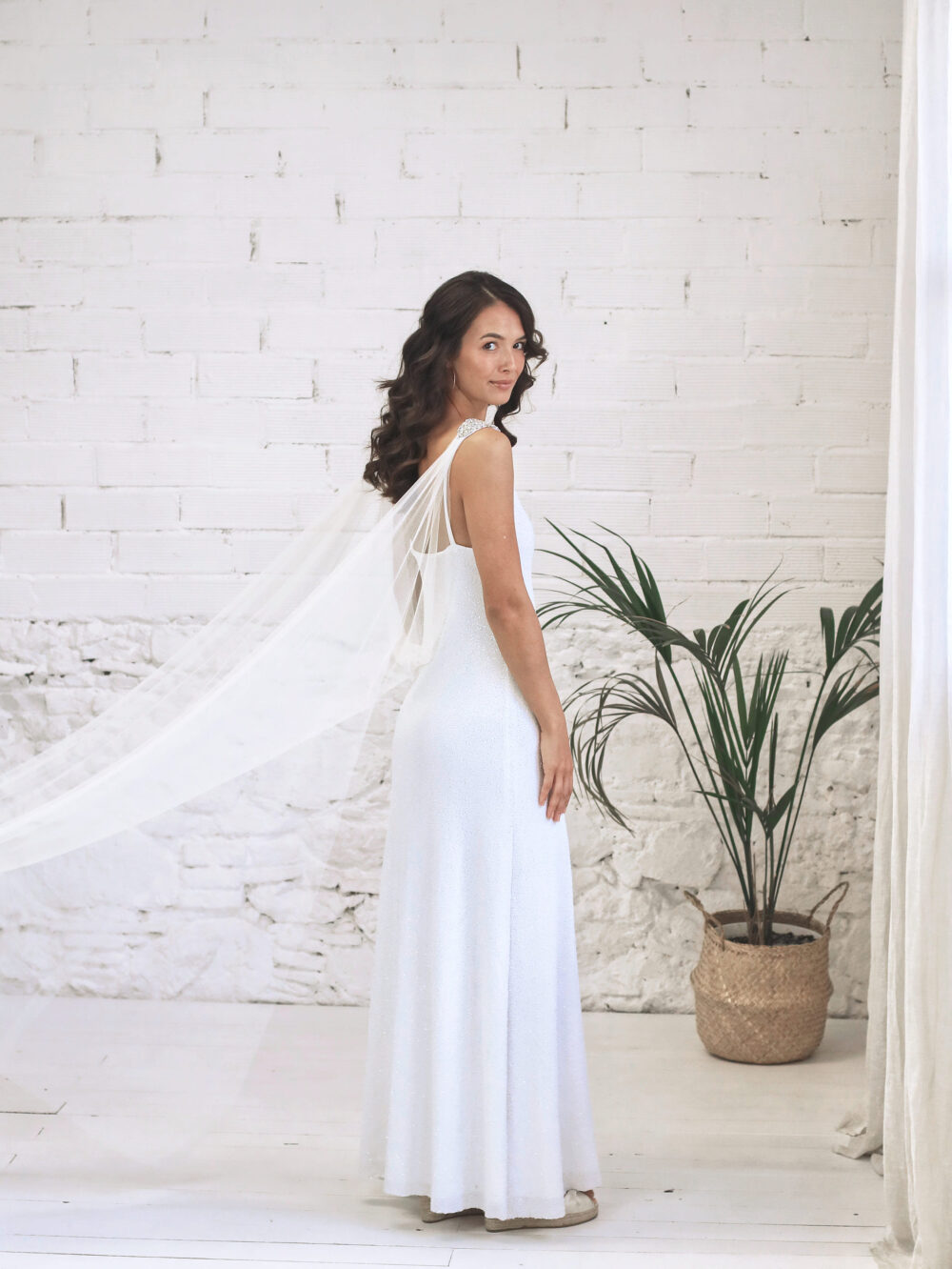 Luxurious Shiny Tulle Wedding Gown, Enchanting Dress With Detachable Veil Cape