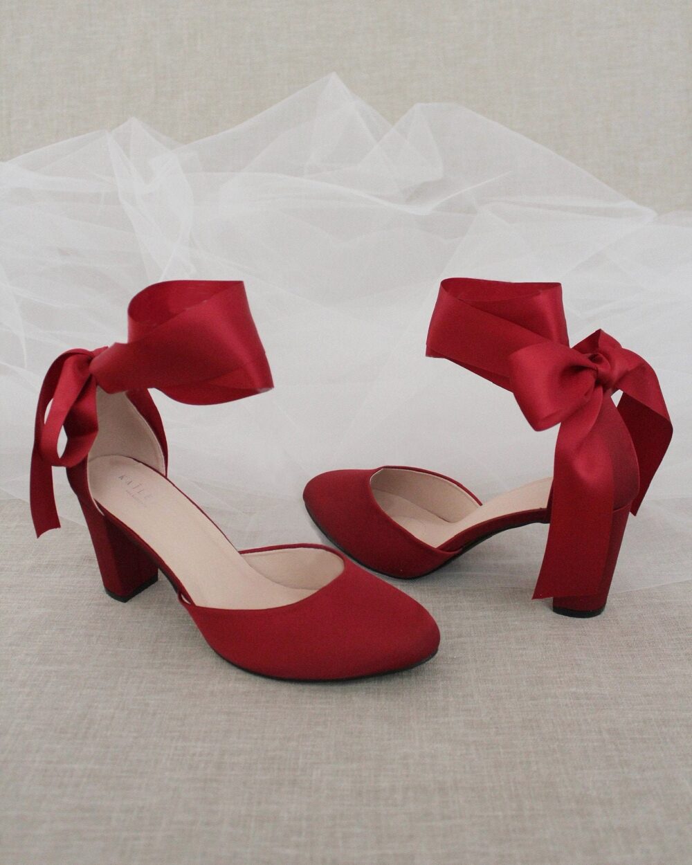 Burgundy Satin Block Heel With Wrapped Ankle Tie, Fall Wedding Shoes, Bridal Heels, Bride Holiday Shoes