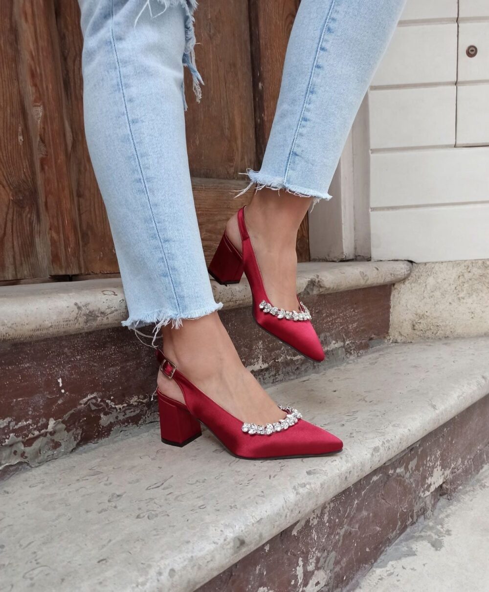 Burgundy Women Shoe, Stone Detail Shoes, Bridal Shoe, Wedding Shoe, Satin Stiletto, Burgundy Satin Shoe, Short Heel, Short Heel Wedding Shoes